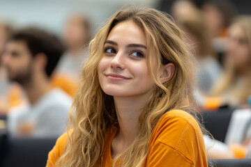 Wall Mural - A woman with long blonde hair is smiling at the camera