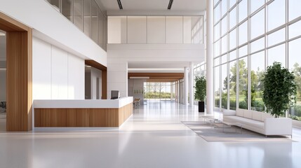 Poster - Modern office lobby with large windows and minimalist design