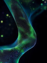 Poster - abstract digital design with vibrant dots and waves in green and blue tones on a dark background. a 