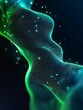 © Tackey - Abstract digital illustration featuring vibrant green flowing lines and dots on a dark background. A minimalist poster in metallic and chrome gradient style.