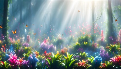 Wall Mural - magical forest wallpaper with enchanting colors, sunlight filtering through mist, glowing flowers, creating a mysterious and beautiful fantasy atmosphere