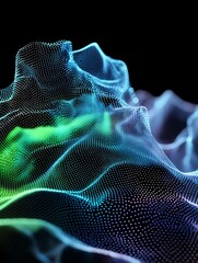 Poster - Abstract digital landscape with glowing particles in vibrant colors against a dark background. A minimalist poster in metallic and chrome gradient style.