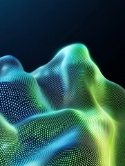 Poster - Abstract digital landscape with vibrant waves in green and blue tones on a dark background. A minimalist poster in metallic and chrome gradient style.