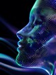 © Tackey - Abstract digital representation of a human face with colorful dots, conveying innovation and artificial intelligence. A minimalist poster in metallic and chrome gradient style.