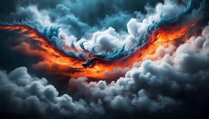 Wall Mural - Fierce dragon soaring through clouds, breathing flames against the vast sky