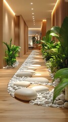 Poster - A long hallway with a path of white rocks and plants