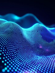 Poster - Abstract digital wave pattern with vibrant blue and purple dots against a dark background. A minimalist poster in metallic and chrome gradient style.
