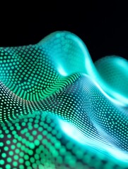 Poster - abstract digital wave pattern with vibrant green and blue dots on a black background. a minimalist p