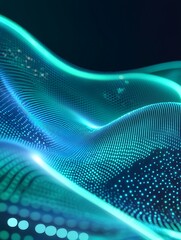 Poster - abstract digital wave with glowing blue and green dots on a dark background. a minimalist poster in 