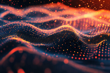 Poster - A mesmerizing display of floating particles in waves of light showcasing vibrant colors and patterns in a digital landscape. Generative AI