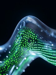 Poster - abstract digital wave with glowing green dots, representing data flow and innovation on a dark backg