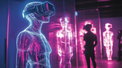 Wall Mural - A person wearing VR headset in a neon-lit room, with two other blurred figures in the background.