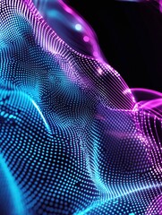 Poster - abstract digital wave with vibrant blue and purple dots on a dark background. a minimalist poster in