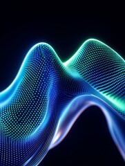 Poster - Abstract digital wave with vibrant blue and green hues against a dark background, creating a sense of motion and energy. A minimalist poster in metallic and chrome gradient style.