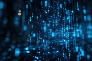 Poster - A mesmerizing digital landscape of cascading blue data lines illuminating the darkness with glimmers of light and energy. Generative AI