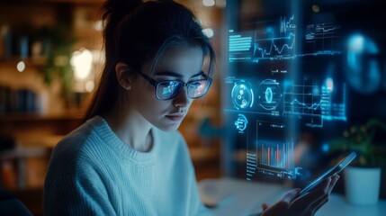 Fototapete - A young woman with glasses focuses intently on her smartphone while surrounded by digital data displays. The setting is a contemporary workspace filled with books and ambient lighting.