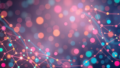 Poster - glowing network of connected dots lines in colorful bokeh technology background