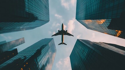 An airplane flies over a city with tall buildings.