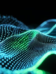 Poster - abstract futuristic wave with glowing dots in blue and green colors on a black background. a minimal