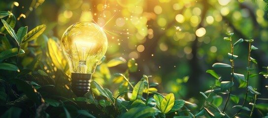 Eco-Friendly Energy Concept with Glowing Light Bulb and Leaves