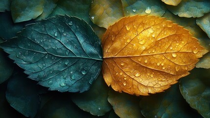 Two leaves, one green and one orange, with water droplets on them.