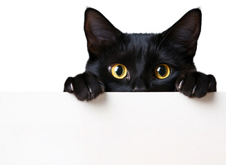 black cat peaking over a blank white sign board on a transparent background, cat hiding from a white
