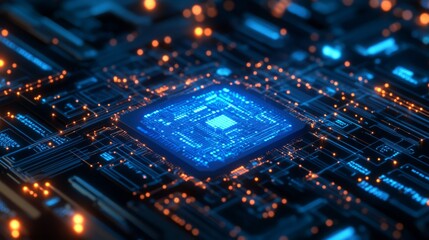 Leinwandbilder - A vibrant close-up of a circuit board featuring a glowing blue microchip surrounded by intricate electronic components.