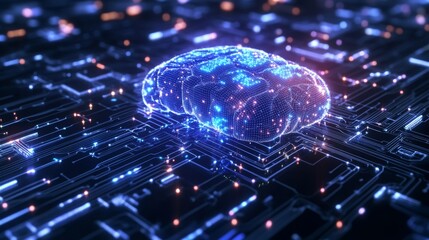 Poster - A futuristic digital representation of a brain hovering over a circuit board, symbolizing artificial intelligence and advanced technology.