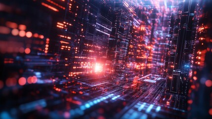 Fototapete - A vibrant, digital landscape showcasing interconnected data streams with glowing lights, evoking a futuristic technology theme.