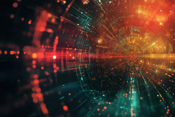 Poster - An abstract representation of digital energy flows and vibrant light trails creating a futuristic vortex in a cosmic space. Generative AI