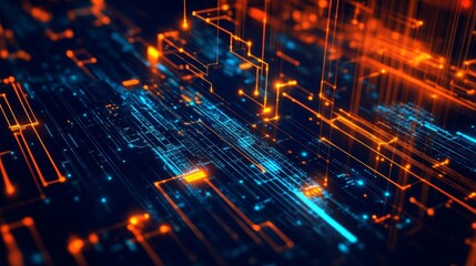 Poster - A vibrant digital landscape featuring interconnected lines and nodes in blue and orange hues, symbolizing technology and data flows.