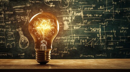 Aufkleber - A glowing light bulb sits on a wooden surface, illuminating equations and scientific diagrams on a chalkboard backdrop.