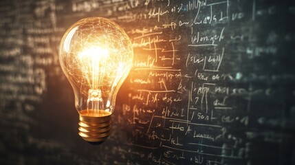 Poster - A glowing light bulb illuminates a blackboard filled with scientific equations, symbolizing knowledge and innovation.