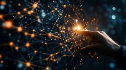 Poster - A hand interacts with a glowing network of interconnected nodes, symbolizing technology, communication, and digital innovation.