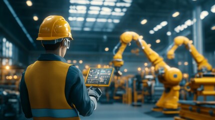 Poster - A worker in a hard hat uses a tablet to monitor robotic arms in a modern industrial setting.