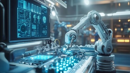 Poster - A futuristic robotic arm works on a high-tech control panel, showcasing advanced technology and intricate blueprints in a modern workspace.