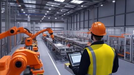 Aufkleber - A worker monitors automated robots in a modern industrial facility, showcasing advanced manufacturing technology and safety protocols.