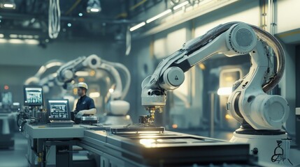 Aufkleber - A futuristic industrial scene showcasing robotic arms working collaboratively in a factory environment.
