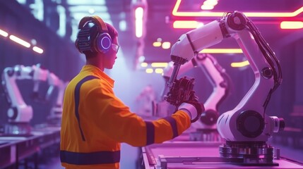 Aufkleber - A technician in a futuristic factory operates a robotic arm, surrounded by vibrant neon lights, showcasing advanced automation technology.