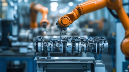 Poster - automated robotic arm assembling engine components in a modern manufacturing facility during dayligh