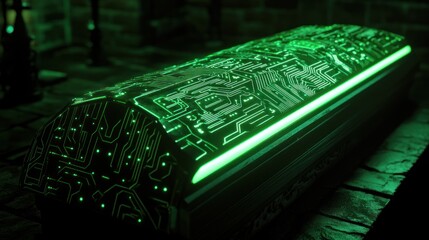 Sticker - Advanced circuitry glowing green on a coffin's surface