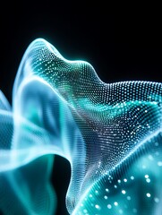 Poster - abstract wave of glowing particles flowing in a dynamic pattern against a dark background. a minimal