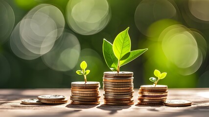 a seed grows on a pile of coins. Financial growth green investment concept.