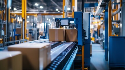 Poster - packages moving on a conveyor belt in a busy warehouse during the day with automated machinery handl