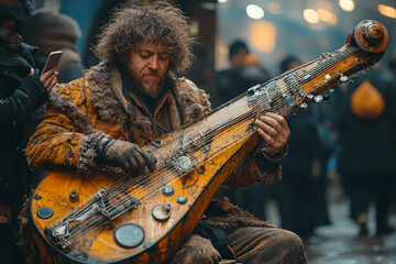 Poster - A musician with an impossibly large instrument, struggling to play while the audience in the background is all distracted, scrolling through their phones.