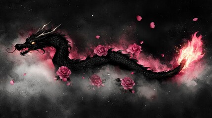 Black Dragon with Pink Roses and Fire