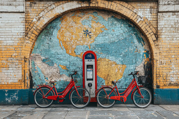 Wall Mural - a local bike-sharing station next to a mural of the earth, encouraging local solutions to global tra