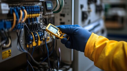 Aufkleber - A technician using a digital multimeter to measure electrical parameters on a circuit board in an industrial control panel.