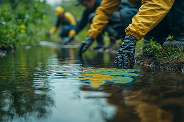 Poster - a group of volunteers cleaning up a local river, with a reflection of the world map in the water, em