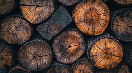Poster - A close-up view of stacked wooden logs, showcasing their natural textures, rich colors, and unique patterns from the tree rings.